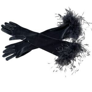 DENTS Dark Gray Ostrich Feather Opera Gloves Long One Size Velvet Cabaret